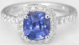 Cushion cut ceylon natural sapphire engagement ring with real diamond halo in solid 14k white gold setting for sale