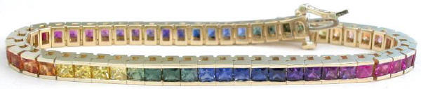 Princess Cut Rainbow Sapphire Bracelets in 14k yellow gold