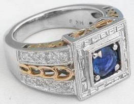 Bold Blue Sapphire Diamond Ring in 14k white and yellow gold
