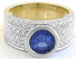 Spectacular Bezel Set Blue Sapphire and Pave Diamond Ring in 18k gold