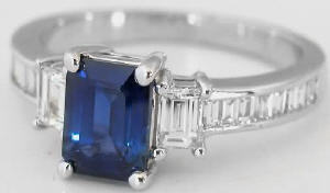 Luxurious Emerald Cut Sapphire and Baguette Diamond Ring in 14k white gold