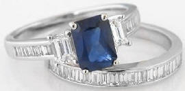 Emerald Cut Blue Sapphire Baguette Diamond Engagement Ring and Diamond Wedding Band