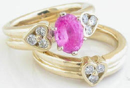 Pink Sapphire and Diamond Engagement Ring and Wedding Band in 14k yellow gold