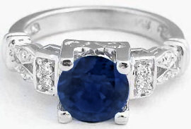 Round Real Sapphire and Diamond Engagement Ring in solid 14k white gold for sale