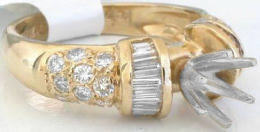 1 carat Baguette and Pave Round Diamond Semi Mount in 14k yellow gold