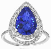 Pear Shape Tanzanite Double Diamond Halo Rings in 14k white gold