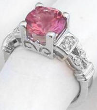 Round Pink Tourmaline and Diamond Engagement Rings in 14k white gold