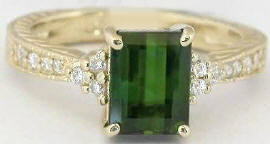 Vintage Emerad Cut Green Tourmaline Engagement Rings in 14k yellow gold