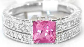 Vintage Pink Tourmaline Diamond Engagement Ring with Matching Band