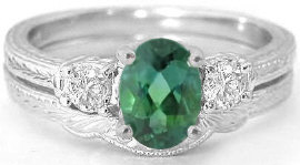 Vintage Green Tourmaline Engagement Ring and Wedding Band