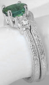 Vintage Green Tourmaline Engagement Ring and Wedding Band in 14k