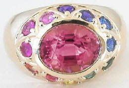 Large Pink Tourmaline and Rainbow Sapphire Ring in 14k yellow gold