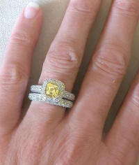 Cushion cut halo natural ceylon - unheated/untreated yellow sapphire band ring in 14k white gold