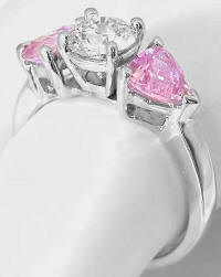 Three Stone Ideal Cut Round Diamond and Trillion Pink Sapphire Ring in 14k white gold