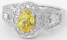 Vintage Styled Oval Natural Yellow Sapphire and Diamond Ring in 14k white gold with Milgrain Edging