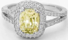 2.80 carat Yellow natural Sapphire and Pave Diamond Ring in 18k white gold