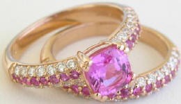 Custom Cushion Cut Pink Sapphire Diamond Engagement Set in 14k