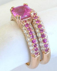Custom Cushion Cut Pink Sapphire and Diamond Engagement Set in 14k Rose Gold