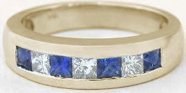 Princess Cut Ceylon Sapphire and Princess Cut Diamond Wedding Ring in 14k